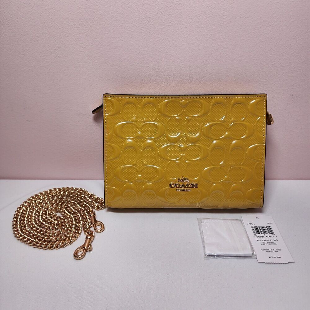 NWT COACH CT869 Slim Crossbody Signature Patent Leather Yellow Gold